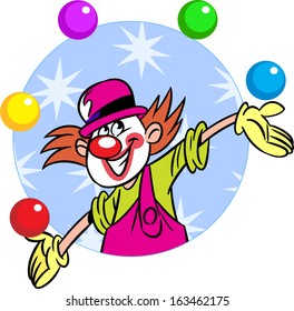 The illustration shows a circus clown who juggles balls. Illustration done in cartoon style, on separate layers.