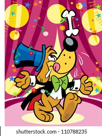 The illustration shows a circus dog that performs acrobatic with bone. Illustration done on separate layers in a cartoon style.