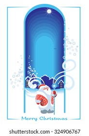 The illustration the shows city at night 
and  Santa Claus.