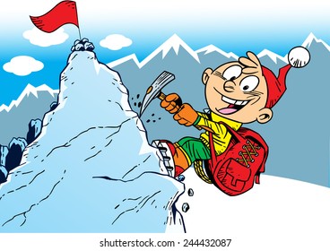 The Illustration Shows The Climber Who Rises To The Top Of The Mountain. Illustration Done In Cartoon Style, On Separate Layers.