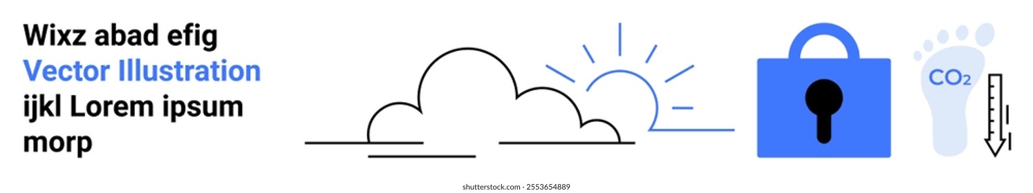 Illustration shows a cloud, a blue padlock with a keyhole, and a blue footprint with CO2 representing carbon footprint. Ideal for cloud computing, data security, environmental impact, technology