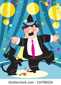 The illustration shows a clown in a black suit with a black dog in the circus arena.  Illustration done on separate layers in a cartoon style.