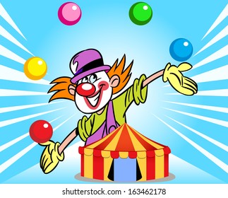The illustration shows a clown who juggles balls against the background of a circus tent. Illustration done in cartoon style, on separate layers.