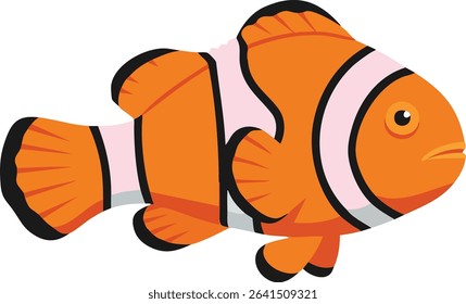 Illustration shows a clownfish with vibrant orange and black coloring, swimming calmly in a marine environment. The design is simple and clean, evoking a peaceful aquatic mood.