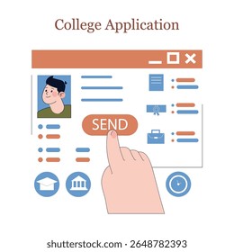 La ilustración muestra un proceso de solicitud universitaria, con una interfaz de usuario donde un estudiante Enviar información personal. Capta la emoción y la anticipación del envío de solicitudes para