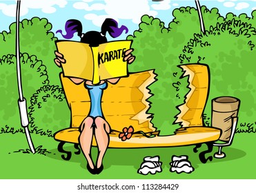 The illustration shows comic situation about slim little girl who reading karate manual and knock out her boyfriend through wooden bench. Caricature done in cartoon style.