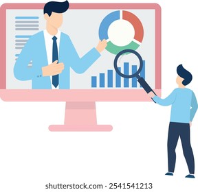 La ilustración muestra un monitor de computadora que muestra a una persona vestida de negocios que presenta un gráfico circular y un gráfico de barras.  Una segunda persona está usando una lupa para examinar el gráfico de barras en la pantalla