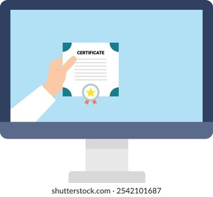 The illustration shows a computer monitor displaying a certificate. A hand is reaching into the screen to present the certificate, The concept is the digital delivery of an online certificate.