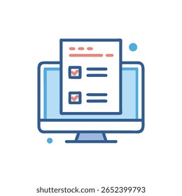 La ilustración muestra una pantalla de computadora que muestra una lista de verificación. El estilo es de Vector simple con Formas redondeadas.