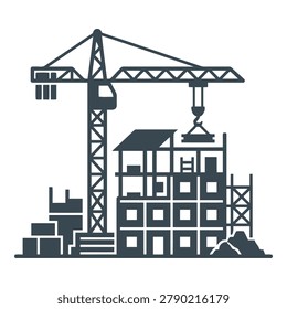 Illustration shows a construction crane lifting materials over a partially built multistory building with scaffolding and stacked blocks around it isolated on transparent background
