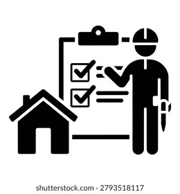 Illustration shows a construction worker in safety gear checking off items on a clipboard next to a house icon isolated on transparent background