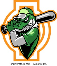 The illustration shows a crocodile that plays baseball. He has a green color,he's wearing a uniform and he's holding a baseball bat.The alligator looks angry and ready for a rough baseball game.