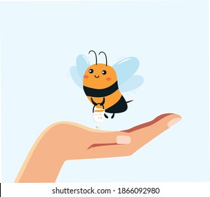 The illustration shows a cute bee. Cute childish character. Rescue of bees in human hands. Cute bee in the palm of a man. The salvation of the planet is in the hands of man.