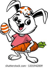 The illustration shows a cute bunny that holds a carrot and one Easter egg. 