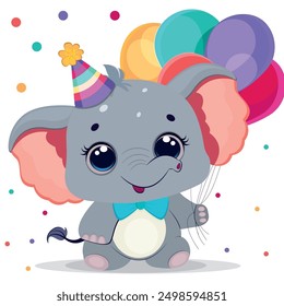 The illustration shows a cute elephant with colorful balloons. The illustration is suitable for a gift card, as well as a print for children's products.