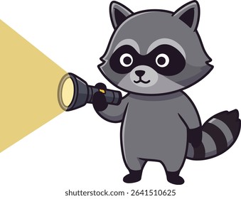 Illustration shows a cute raccoon holding a flashlight, shining a yellow beam in a dark environment, conveying curiosity and exploration mood.