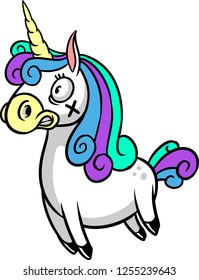 La ilustración muestra un lindo pero asustado unicornio. El pony salvaje tiene una melena hermosa y coloreada y un cuerno largo.  Se ve absolutamente aterrorizado. 