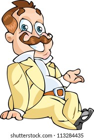 The Illustration shows cute sitting brown-hair whisked gentleman in yellow suit. The illustration done in cartoon style.