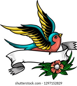 The illustration shows a cute swallow bird that spreads the spirit of love and springtime. 