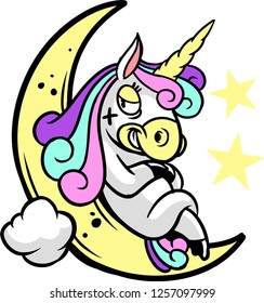 The illustration shows a cute unicorn that stands on the moon. He has a colored mane and tail.