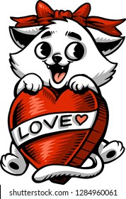 The illustration shows a cute white cat holding a red heart shaped box . 