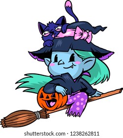 The illustration shows a cute witch.
She is flying together with her friends, a cat and a Halloween pumpkin, on a broomstick. They are looking for new adventures. 