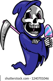 The illustration shows Death, that is wearing a blue cape and it's holding a scythe and at the same time is having a colorful ice cream . 