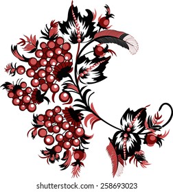 The illustration shows a decorative background with a branch of rowan-style red and black outline. Illustration carried out on separate layers, isolated on a white background. 