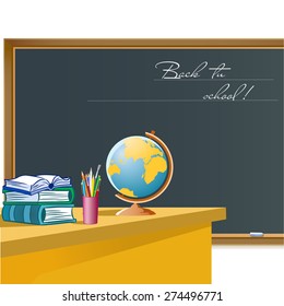 The illustration shows a design element of the classroom with school subjects and attributes. Illustration done on separate layers.