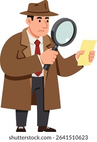 Illustration shows a detective closely inspecting a note using a magnifying glass while wearing a brown trench coat and hat, symbolizing investigation and curiosity. Serious mood.