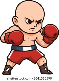 Illustration shows a determined bald male boxer wearing red gloves and shorts in fighting stance, ready for a match, conveying energy and focus. Energetic mood.