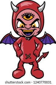 The illustration shows a devil kid. He looks creepy and dangerous. The little devil has three eyes, small horns, small wings and a small beard. 