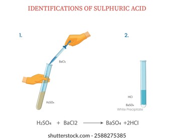 An illustration shows a diagram of sulphuric acid identification using barium chloride, forming a white precipitate of barium sulfate as a confirmation test.