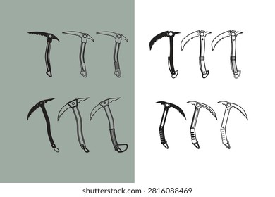 Illustration shows different ice axe and climbing pick designs in black and white isolated on transparent background