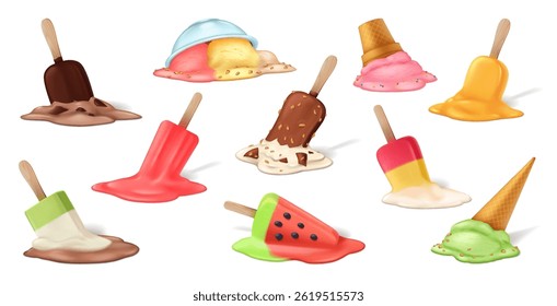 Illustration shows different types of melted ice creams on sticks and cones. Flavors include chocolate, vanilla, and fruity varieties, each with distinctive colors and textures.