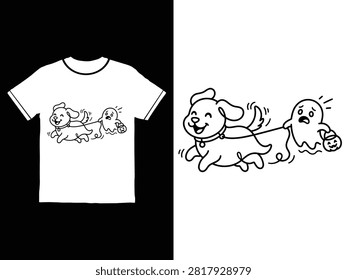 Illustration shows dog walking a ghost character holding a pumpkin on leash
