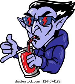 The illustration shows Dracula that drinks a juice. He looks fancy wearing a pair of cool sunglasses and a short hairstyle. 