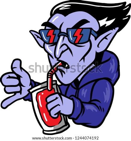 The illustration shows Dracula that drinks a juice. He looks fancy wearing a pair of cool sunglasses and a short hairstyle. 
