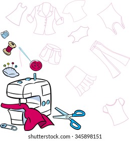 The illustration shows drawing from a set of tools on the background patterns sewing clothes for people. Vector illustration done in cartoon style, on separate layers.