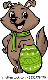The illustration shows an Easter dog laying on a big Easter egg. 