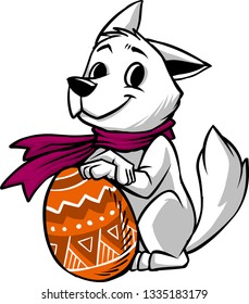 The illustration shows an Easter dog laying on a big Easter egg.