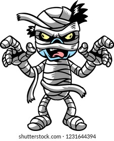 The illustration shows an Egyptian mummy. The angry mummy is full of white bandages and scares people around. Her face express death and aggressiveness. 