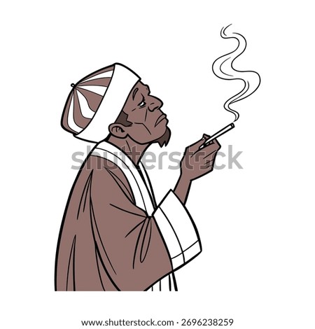 An illustration shows an elderly Black man in traditional attire, including a hat and robe, smoking a cigarette. Smoke curls upwards, suggesting a moment of reflection.