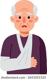 A ilustração mostra um homem idoso com uma tipoia branca e uma expressão preocupada, enfatizando o cuidado e a preocupação em um estilo vetorial minimalista. O humor é empático e gentil.