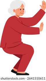 Illustration shows an elderly woman in a red outfit practicing tai chi with calm focus and balance, embodying wellness and peaceful energy. Soft mood.