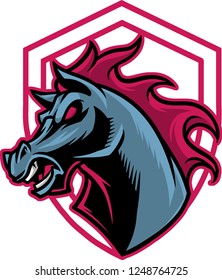 The illustration shows an emblem that has an angry horse represented on it. 