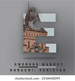 Illustration shows Empress Market Karachi, iconic tower, large letter "E," historic architecture focus.