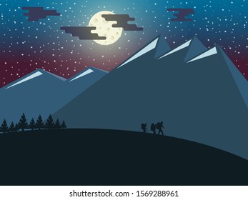 The illustration shows an expedition at night against a background of large mountains.