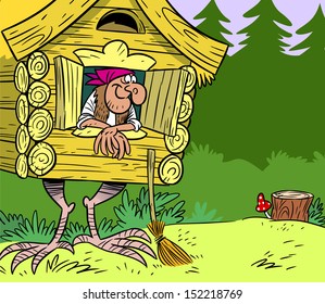 The illustration shows a fabulous hut on chicken legs with Baba Yaga in a forest. Illustration done in cartoon style