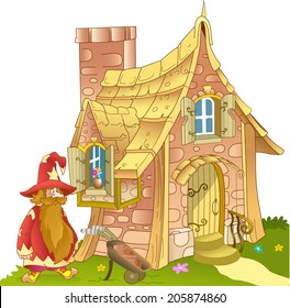 The illustration shows  fabulous of  made of stone and funny cartoon gnome. 